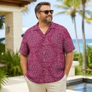 Tommy Bahama Mens XXL 100% Silk Camp Shirt Purple White Geometric Hawaiian Print